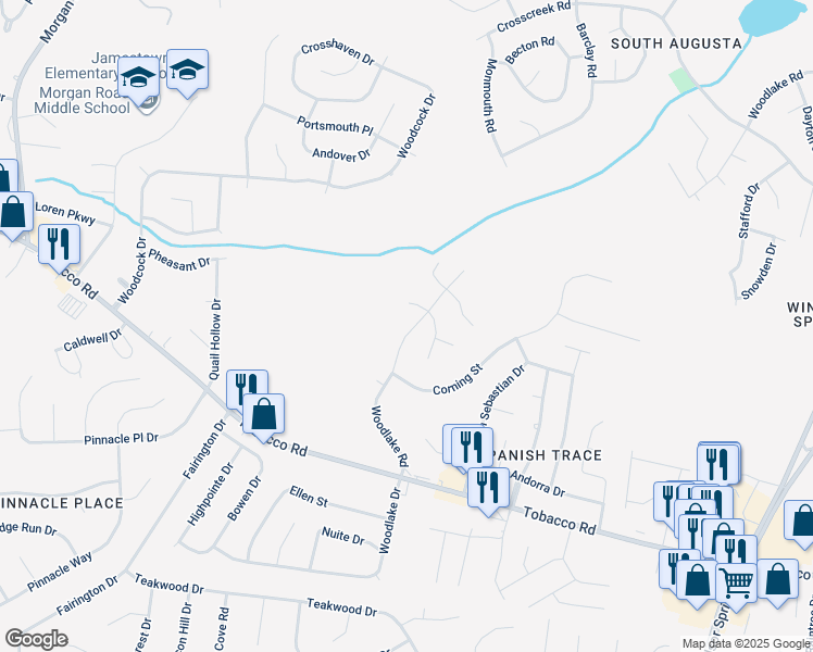 map of restaurants, bars, coffee shops, grocery stores, and more near 3705 Woodlake Road in Hephzibah