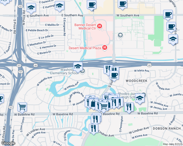 map of restaurants, bars, coffee shops, grocery stores, and more near 2146 West Isabella Avenue in Mesa