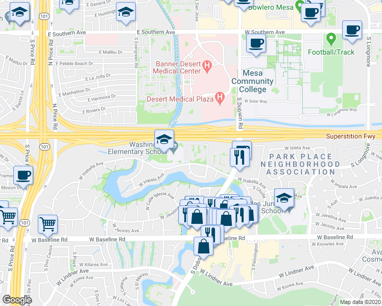 map of restaurants, bars, coffee shops, grocery stores, and more near 2146 West Isabella Avenue in Mesa