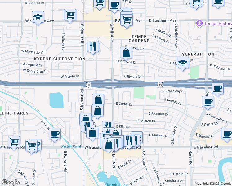 map of restaurants, bars, coffee shops, grocery stores, and more near 4569 South Mill Avenue in Tempe
