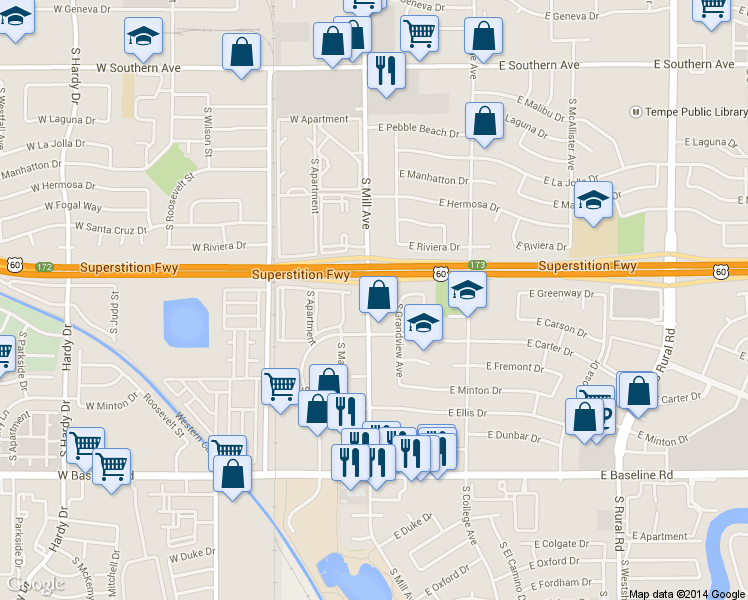 map of restaurants, bars, coffee shops, grocery stores, and more near 4569 South Mill Avenue in Tempe