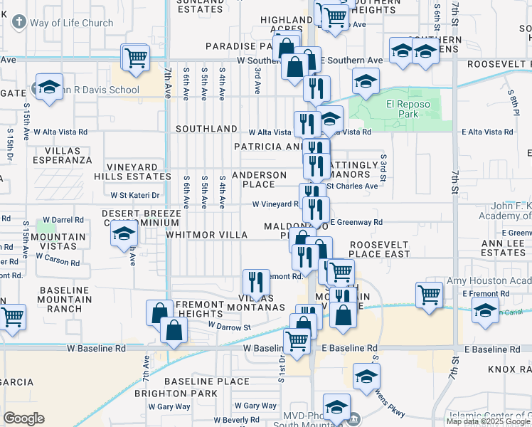 map of restaurants, bars, coffee shops, grocery stores, and more near 202 West Carson Road in Phoenix