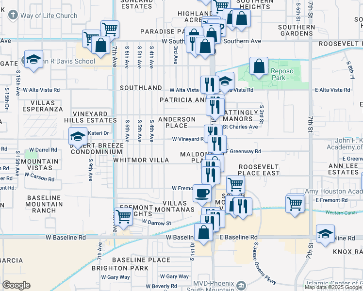 map of restaurants, bars, coffee shops, grocery stores, and more near 202 West Carson Road in Phoenix