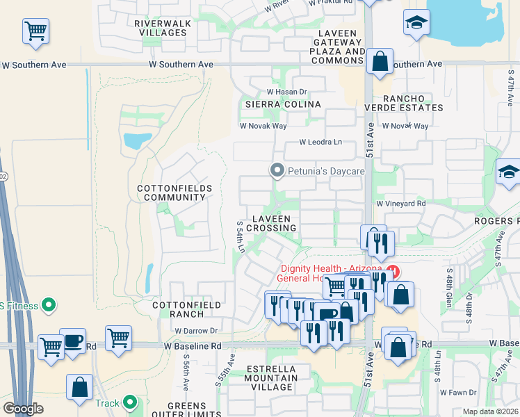 map of restaurants, bars, coffee shops, grocery stores, and more near 5415 West Shumway Farm Road in Phoenix