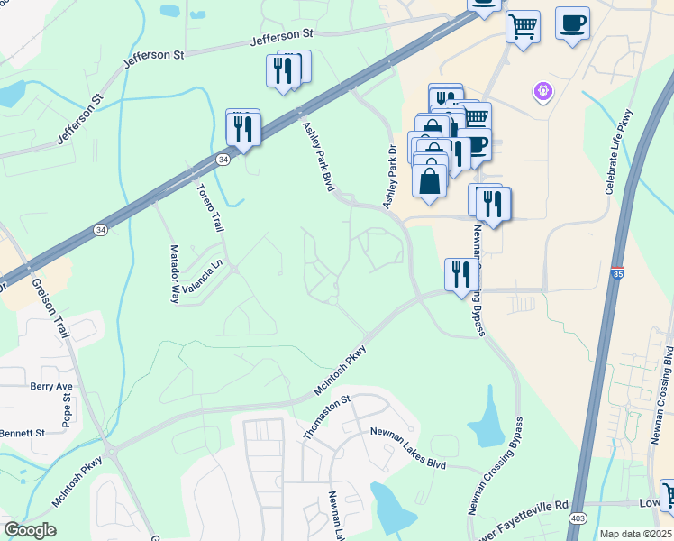 map of restaurants, bars, coffee shops, grocery stores, and more near 300 Ashley Park Boulevard in Newnan