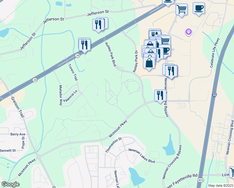 map of restaurants, bars, coffee shops, grocery stores, and more near Ashley Park Boulevard in Newnan