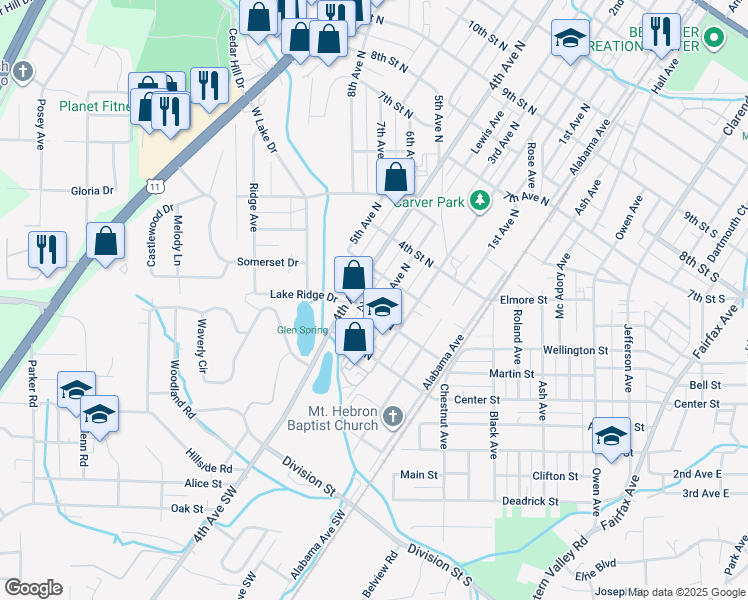 map of restaurants, bars, coffee shops, grocery stores, and more near 131 3rd Avenue North in Bessemer