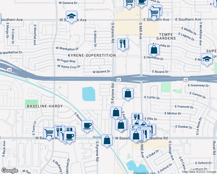 map of restaurants, bars, coffee shops, grocery stores, and more near 400 West Baseline Road in Tempe