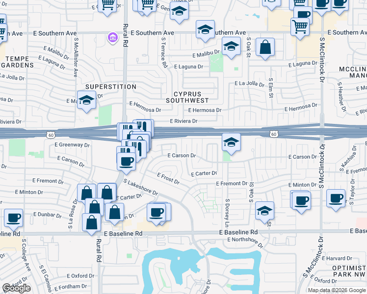 map of restaurants, bars, coffee shops, grocery stores, and more near 4427 South Terrace Road in Tempe