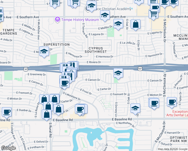 map of restaurants, bars, coffee shops, grocery stores, and more near 4427 South Terrace Road in Tempe