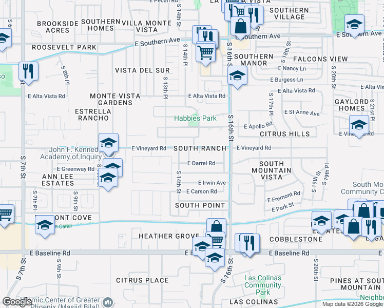 map of restaurants, bars, coffee shops, grocery stores, and more near 1422 East Darrel Road in Phoenix
