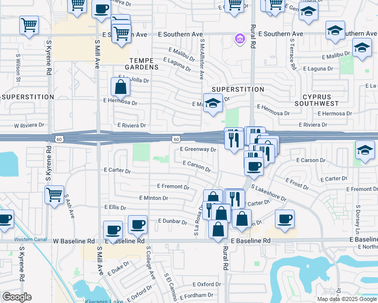map of restaurants, bars, coffee shops, grocery stores, and more near 438 East Carson Drive in Tempe