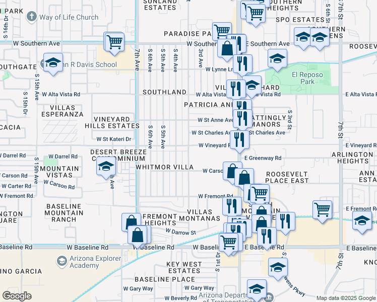 map of restaurants, bars, coffee shops, grocery stores, and more near 232 West Carson Road in Phoenix