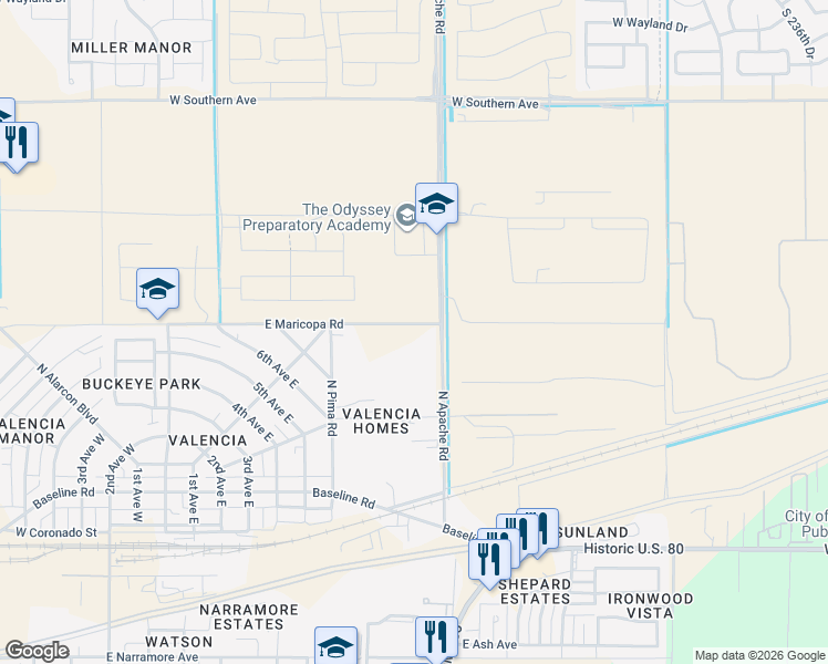 map of restaurants, bars, coffee shops, grocery stores, and more near 260 North Apache Road in Buckeye