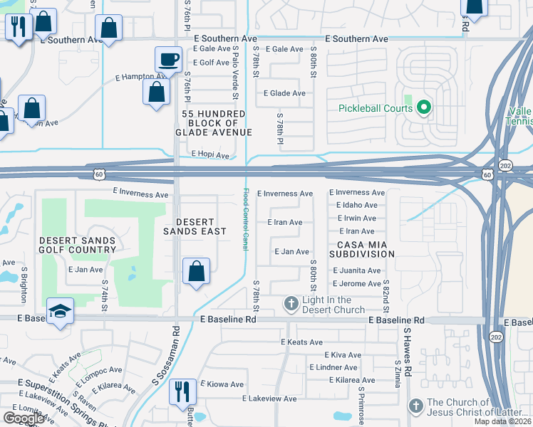 map of restaurants, bars, coffee shops, grocery stores, and more near 7839 East Iran Avenue in Mesa