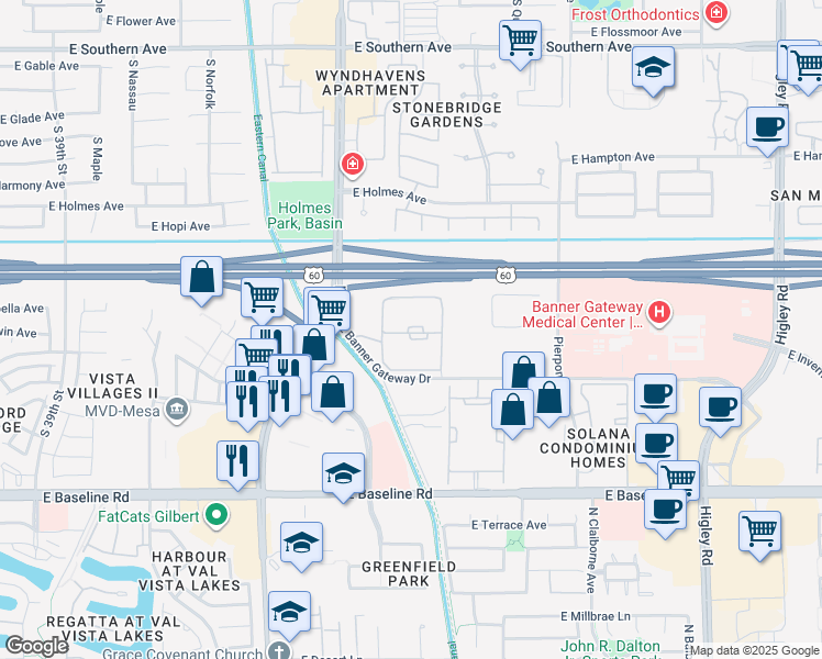 map of restaurants, bars, coffee shops, grocery stores, and more near 4510 East Banner Gateway Drive in Mesa