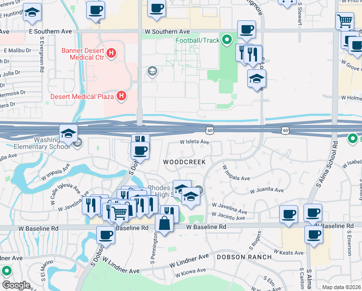 map of restaurants, bars, coffee shops, grocery stores, and more near 1701 South Cholla in Mesa
