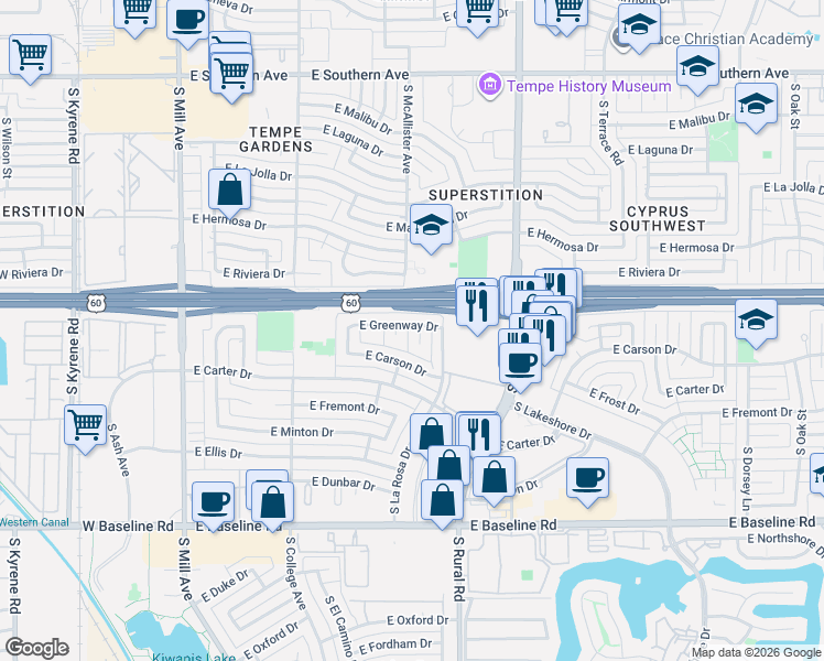 map of restaurants, bars, coffee shops, grocery stores, and more near 4423 South McAllister Avenue in Tempe