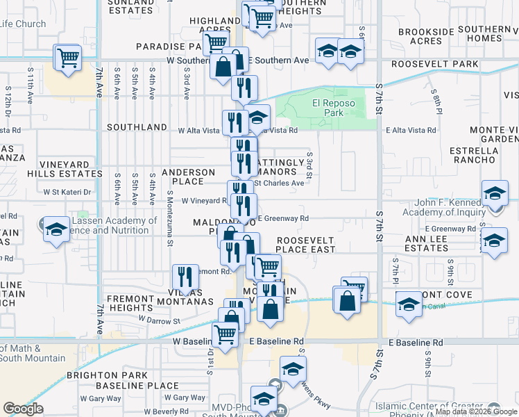 map of restaurants, bars, coffee shops, grocery stores, and more near 6831 South Central Avenue in Phoenix
