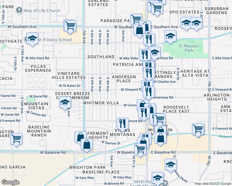 map of restaurants, bars, coffee shops, grocery stores, and more near 232 West Carson Road in Phoenix