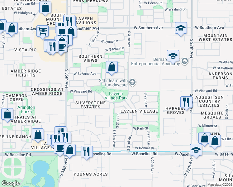map of restaurants, bars, coffee shops, grocery stores, and more near 3146 West Vineyard Road in Phoenix