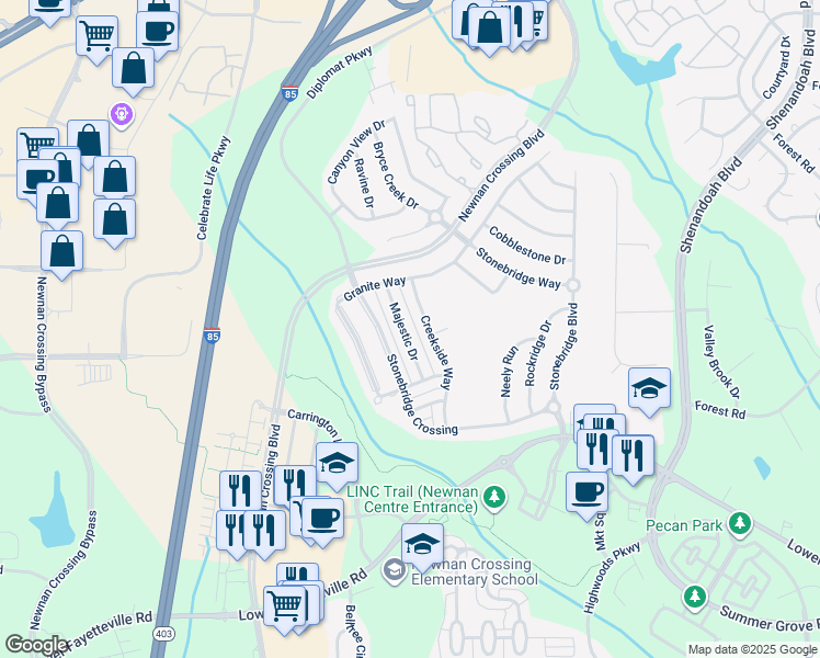 map of restaurants, bars, coffee shops, grocery stores, and more near 88 Majestic Drive in Newnan