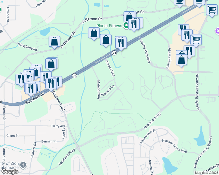 map of restaurants, bars, coffee shops, grocery stores, and more near 21 Valencia Lane in Newnan