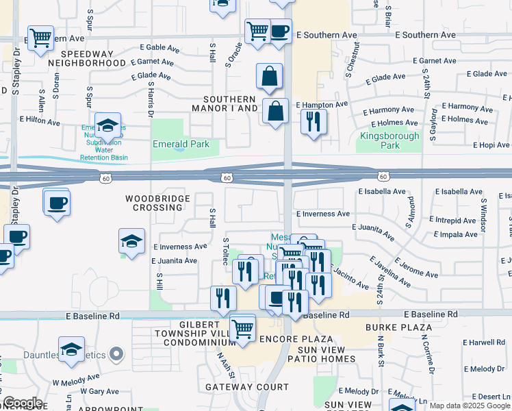 map of restaurants, bars, coffee shops, grocery stores, and more near 1710 South Gilbert Road in Mesa
