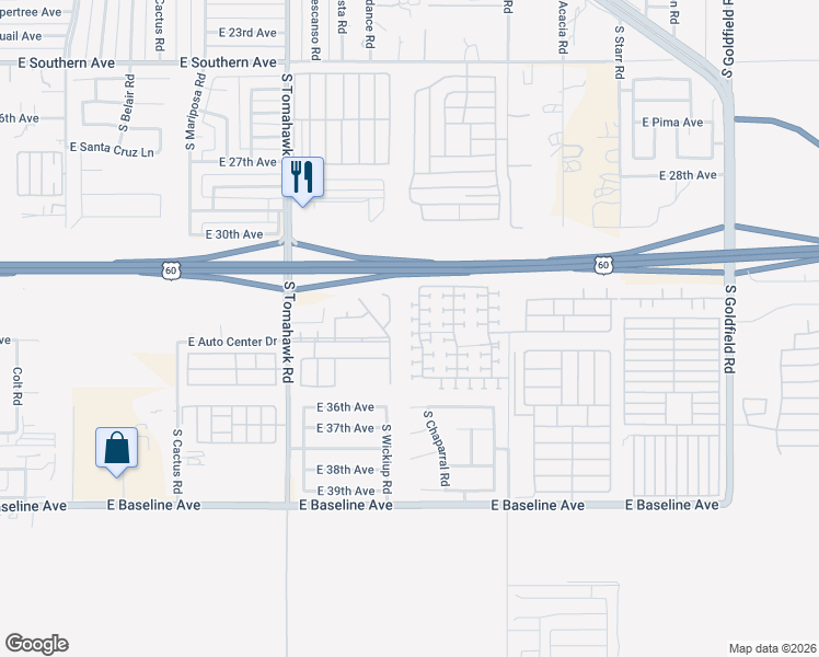 map of restaurants, bars, coffee shops, grocery stores, and more near 3448 South Chaparral Road in Apache Junction