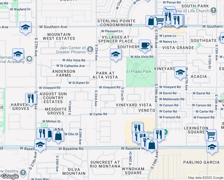 map of restaurants, bars, coffee shops, grocery stores, and more near 2131 West Vineyard Road in Phoenix