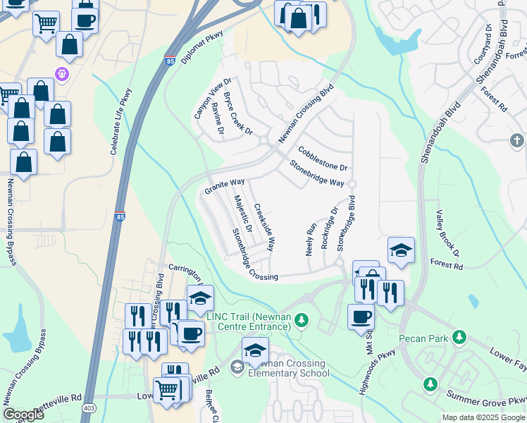 map of restaurants, bars, coffee shops, grocery stores, and more near 80 Creekside Way in Newnan