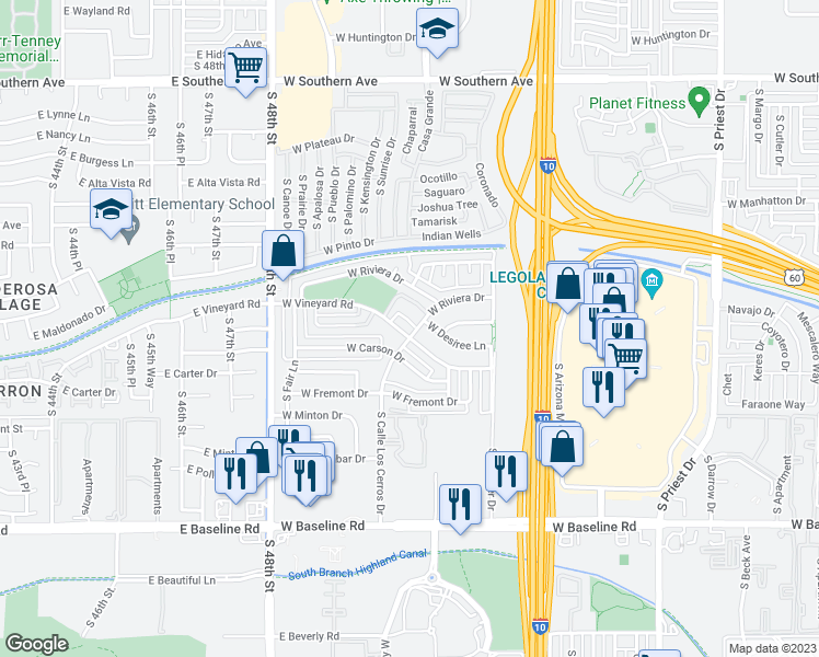 map of restaurants, bars, coffee shops, grocery stores, and more near 2327 West Desiree Drive in Tempe