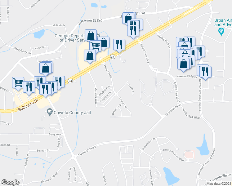 map of restaurants, bars, coffee shops, grocery stores, and more near Torero Trail in Newnan