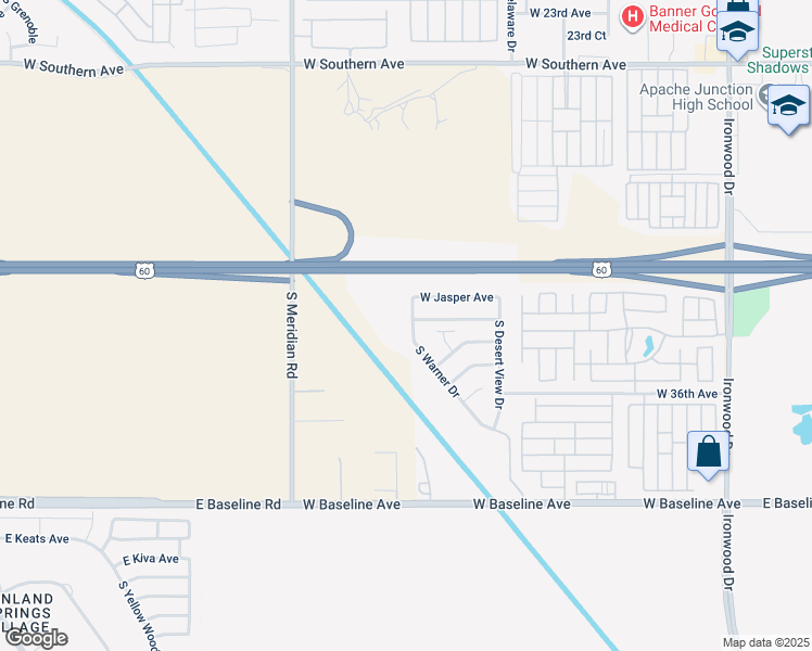 map of restaurants, bars, coffee shops, grocery stores, and more near 3414 South Warner Drive in Apache Junction