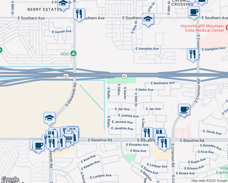 map of restaurants, bars, coffee shops, grocery stores, and more near 9443 East Irwin Avenue in Mesa