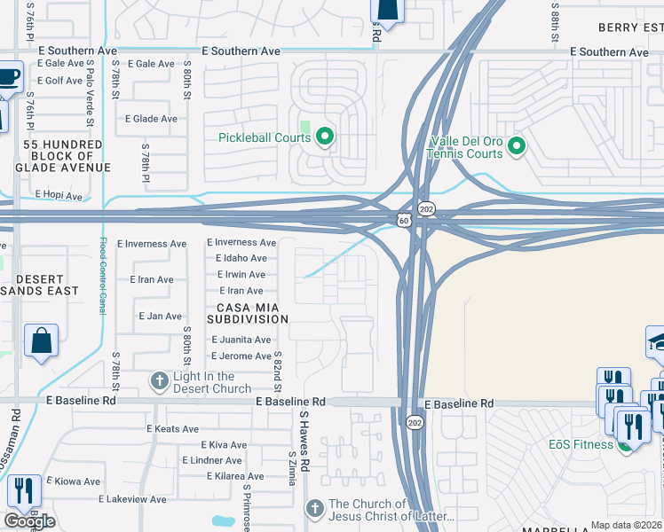 map of restaurants, bars, coffee shops, grocery stores, and more near 1719 South 82nd Way in Mesa