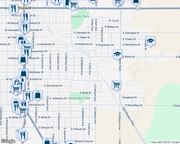 map of restaurants, bars, coffee shops, grocery stores, and more near 901 South Elm Avenue in Roswell