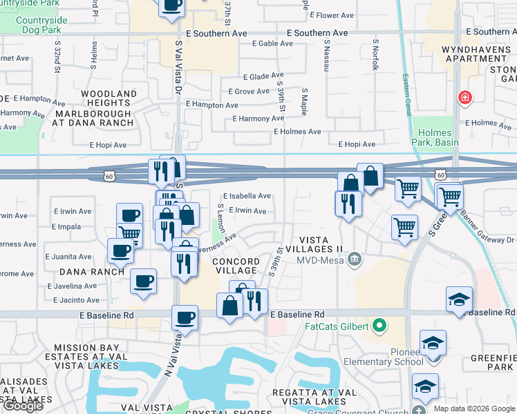 map of restaurants, bars, coffee shops, grocery stores, and more near 3818 East Irwin Avenue in Mesa