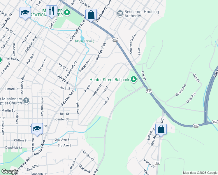 map of restaurants, bars, coffee shops, grocery stores, and more near 1000 Avenue J in Bessemer