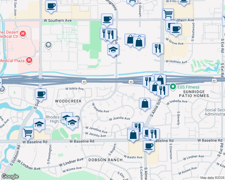 map of restaurants, bars, coffee shops, grocery stores, and more near 1718 South Longmore in Mesa