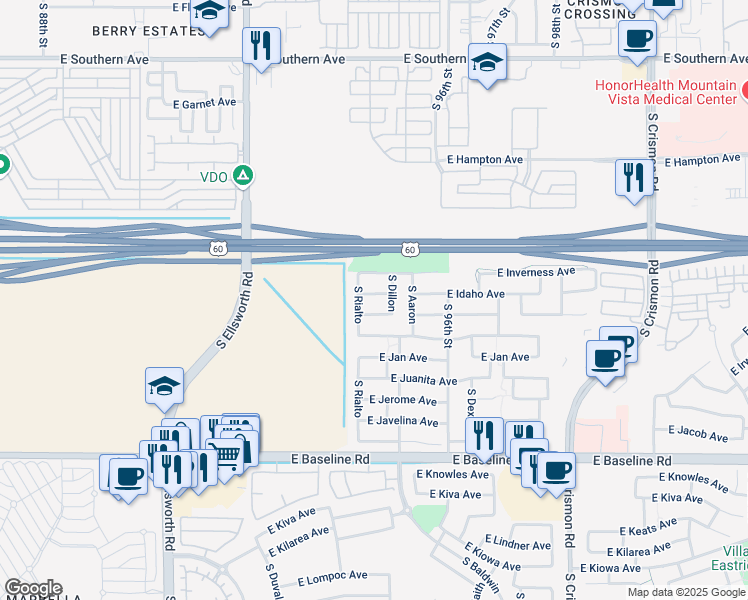 map of restaurants, bars, coffee shops, grocery stores, and more near 9443 East Irwin Avenue in Mesa