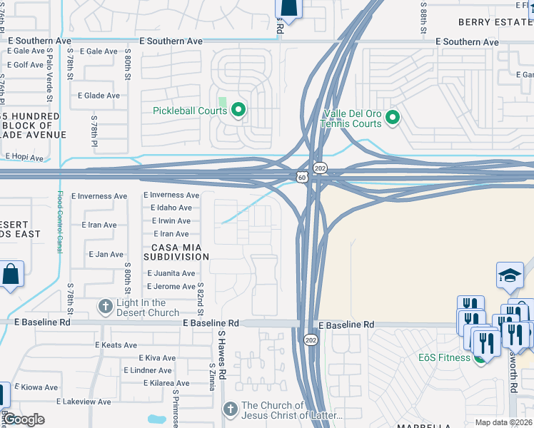 map of restaurants, bars, coffee shops, grocery stores, and more near 1702 South 83rd Place in Mesa