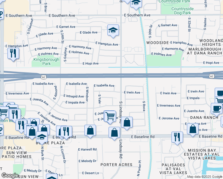 map of restaurants, bars, coffee shops, grocery stores, and more near 2738 East Impala Avenue in Mesa