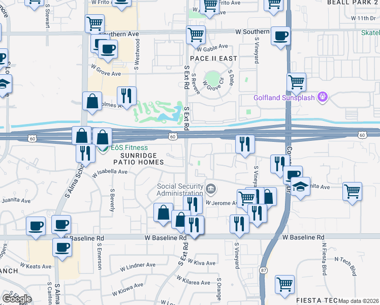 map of restaurants, bars, coffee shops, grocery stores, and more near 1666 South Extension Road in Mesa