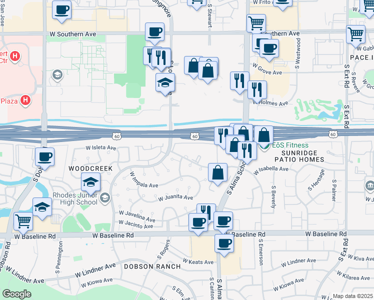 map of restaurants, bars, coffee shops, grocery stores, and more near 1723 South Standage in Mesa
