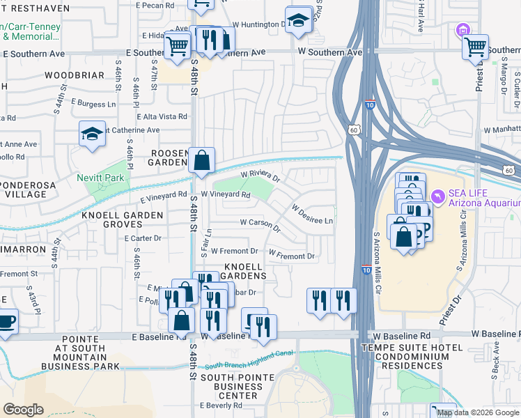 map of restaurants, bars, coffee shops, grocery stores, and more near 2511 West Carson Drive in Tempe