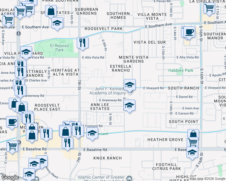 map of restaurants, bars, coffee shops, grocery stores, and more near 835 East Darrel Road in Phoenix