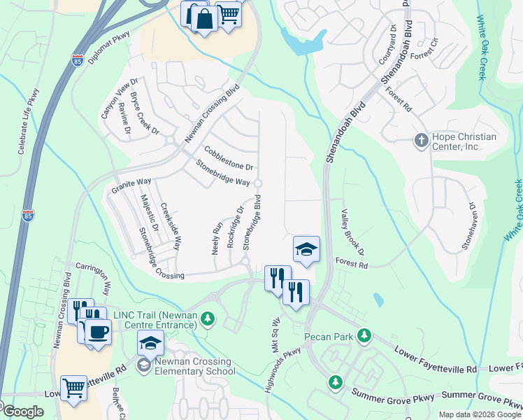 map of restaurants, bars, coffee shops, grocery stores, and more near 66 Bridgewater Lane in Newnan