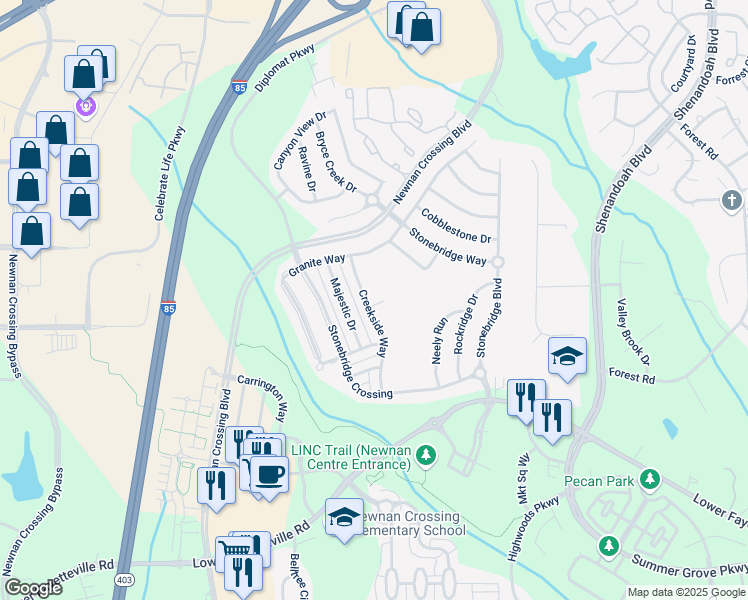 map of restaurants, bars, coffee shops, grocery stores, and more near 80 Creekside Way in Newnan