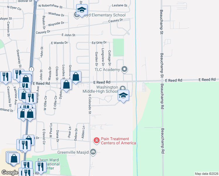 map of restaurants, bars, coffee shops, grocery stores, and more near 1501 East Reed Road in Greenville